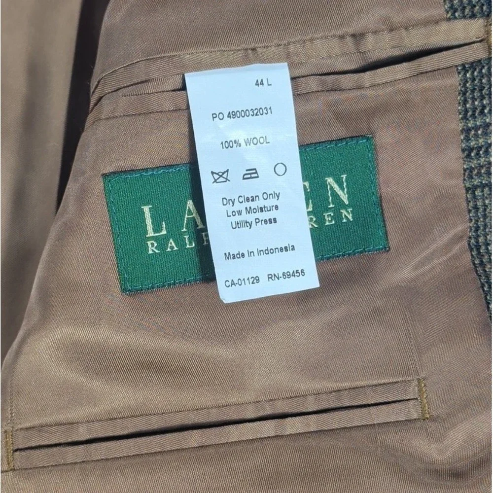 Lauren Ralph Lauren Sport Coat Mens 44L Brown Glen Plaid 100% Wool Blazer Jacket
